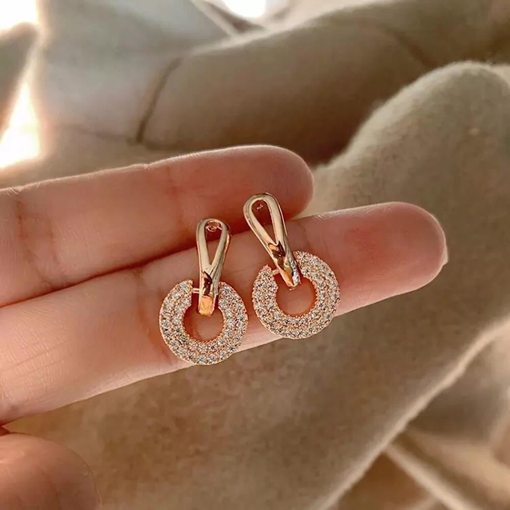 “Trinity” Diamond Hoop Elegant Gold Circle Engagement/Wedding/Gift Earrings - Picture 3 of 10